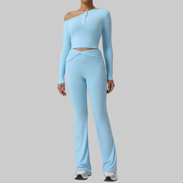 Autumn Oblique Shoulder Yoga Clothes Long Sleeved Top Women Cross High Waist Ruched Fitness Bootleg Pants Sports Set - Modestly Vogue